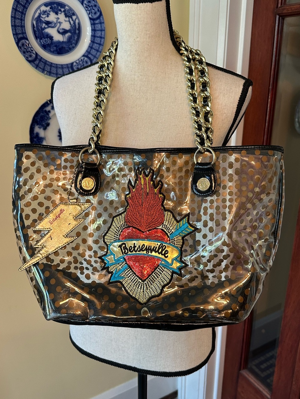 Betseyville by Betsey Johnson | Clear Sacred Heart Polka Dot Tote Bag Gold Chain